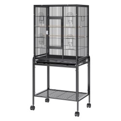 Lintuhäkki hiiliterästä tilava keskikokoisille ja suurille linnuille pyörällisellä jalustalla ja irrotettavalla tarjottimella