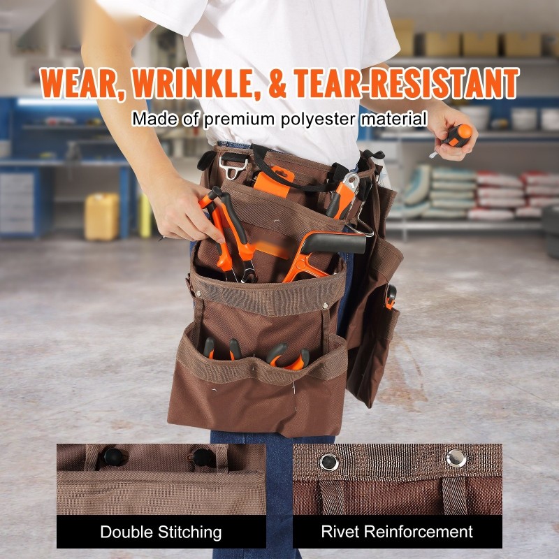 Työkaluvyö polyesterinen 19 taskua säädettävä vyötärö 81–137 cm pehmustettu ruskea