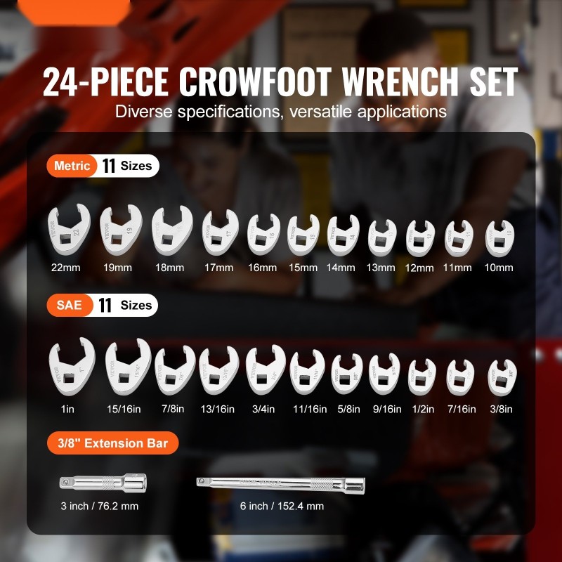 Lenkkiavainsarja kromimolybdeeniteräs 24-osainen 3/8 tuuman neliökiinnitteelle 10–22 mm ja 3/8–1 tuumaa EVA-työkalualustalla