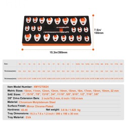 Lenkkiavainsarja kromimolybdeeniteräs 24-osainen 3/8 tuuman neliökiinnitteelle 10–22 mm ja 3/8–1 tuumaa EVA-työkalualustalla