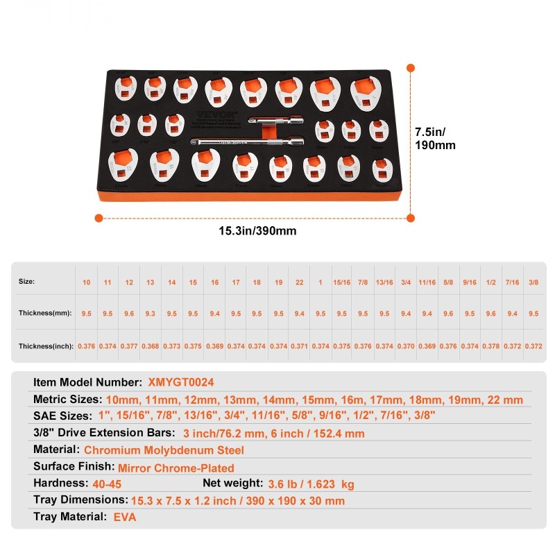Lenkkiavainsarja kromimolybdeeniteräs 24-osainen 3/8 tuuman neliökiinnitteelle 10–22 mm ja 3/8–1 tuumaa EVA-työkalualustalla