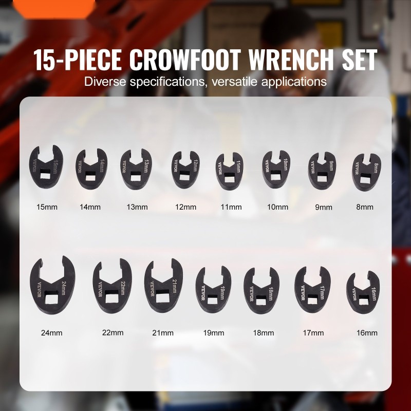 Crowfoot-avainten sarja 15 osaa metrinen 8-24 mm kromimolybdeeniteräs mangaanifosfaattipinta