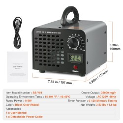 Otsonigeneraattori otsonintuotto 36000 mg/h ajastin 0–120 minuuttia ilmankosteusnäyttö irrotettava pölysuoja