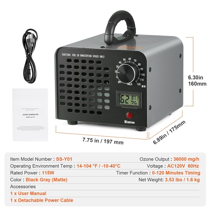 Otsonigeneraattori otsonintuotto 36000 mg/h ajastin 0–120 minuuttia ilmankosteusnäyttö irrotettava pölysuoja