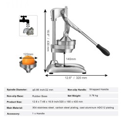 Manuaalinen sitruspuristin ruostumaton teräs liukumaton kumipohja astianpesukoneessa pestävät osat