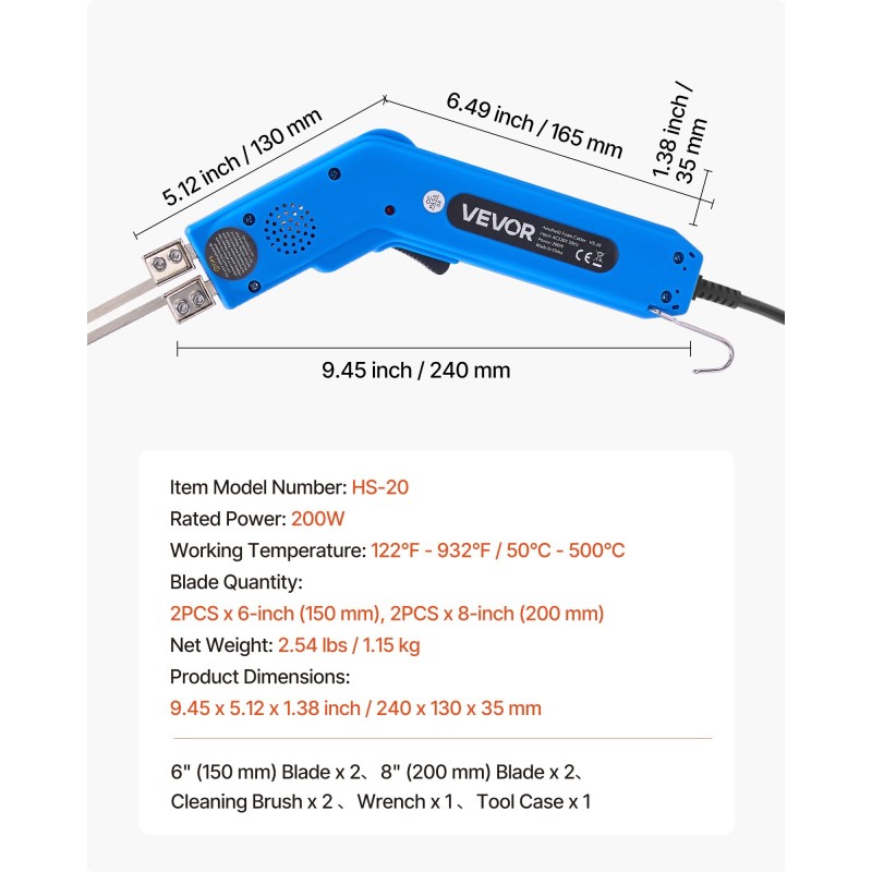 Kuumaveitsi vaahtoleikkuri säädettävä lämpötila 50–500 °C 150 ja 200 mm terät