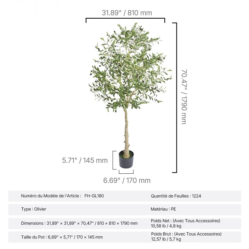 Teko-oliivipuu 1,8 m korkea PE-materiaali kaatumissuoja ruukullinen