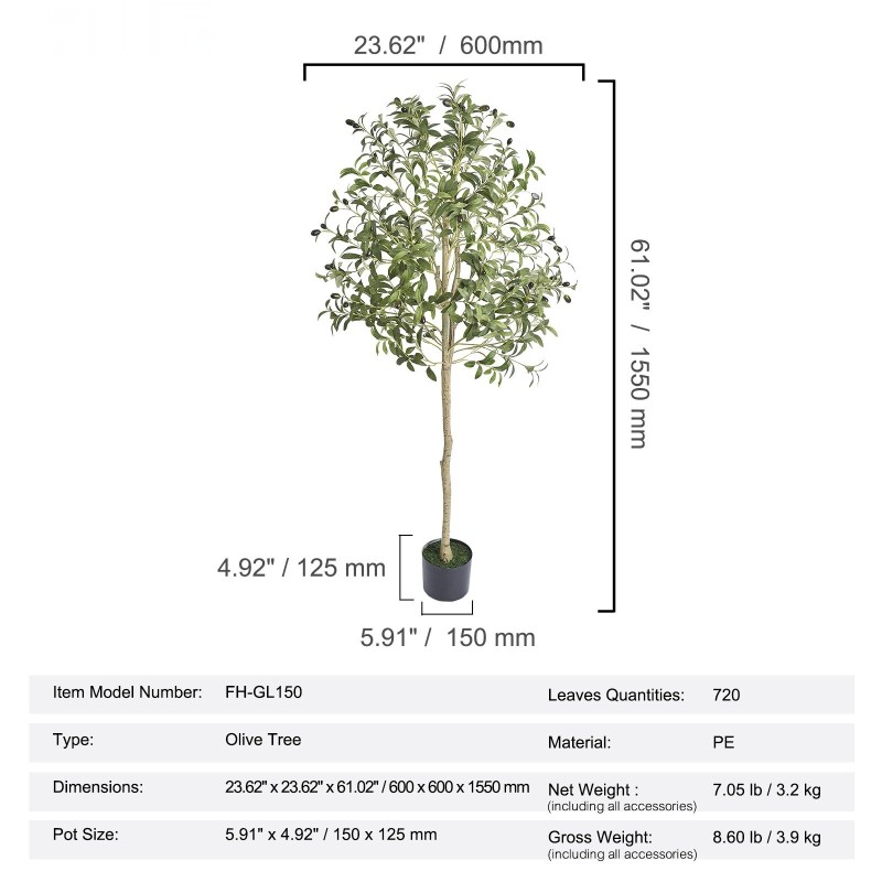 Tekooliivipuu 1,5 m PE-materiaali ruukulla kaatumissuoja aidon näköinen