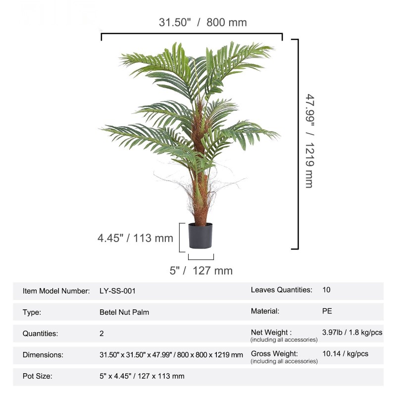 Tekopalmu aidonnäköinen polyeteenimateriaali 1219 mm korkea 2 kpl sisä ja ulkokäyttöön