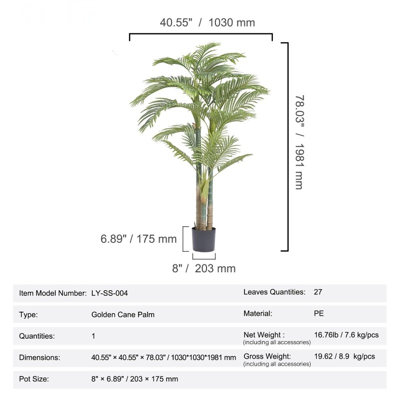 Tekokasvi kultaruokopalmu PE-materiaalia noin 2 m korkea kallistussuojalla sisäkäyttöön