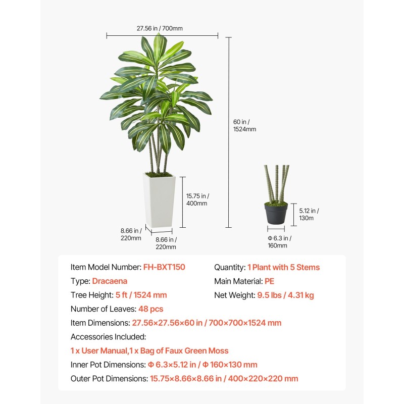 Tekodracaena 1524 mm korkea PE-lehdillä valkoinen ruukku 1 kpl sisäkäyttöön