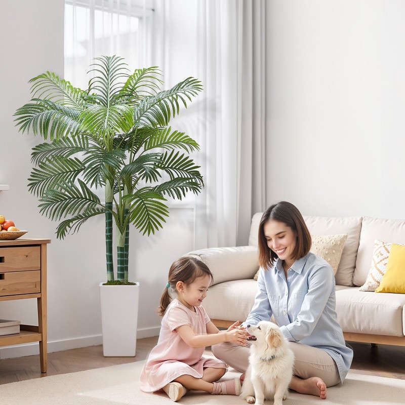 Keinotekoinen arekapalmu muovilehdillä noin 183 senttimetriä korkea valkoisessa ruukussa