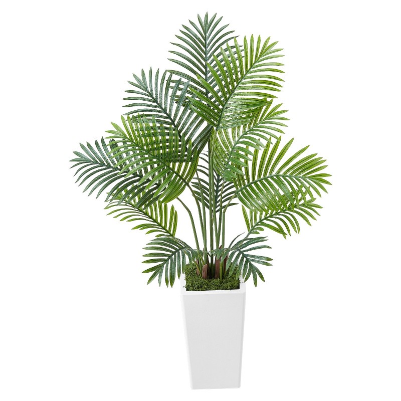 Tekokasvi arekapalmu muovilehdillä 1219 millimetriä korkea kaksi kappaletta valkoisissa ruukuissa