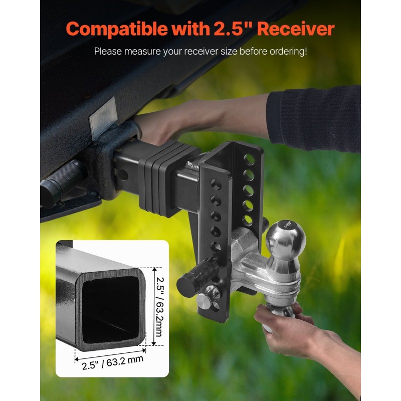 Säädettävä hiiliteräs kuulavetolaite 63,5mm vastaanottimeen 152mm pudotus 50mm ja 58,7mm kuulat