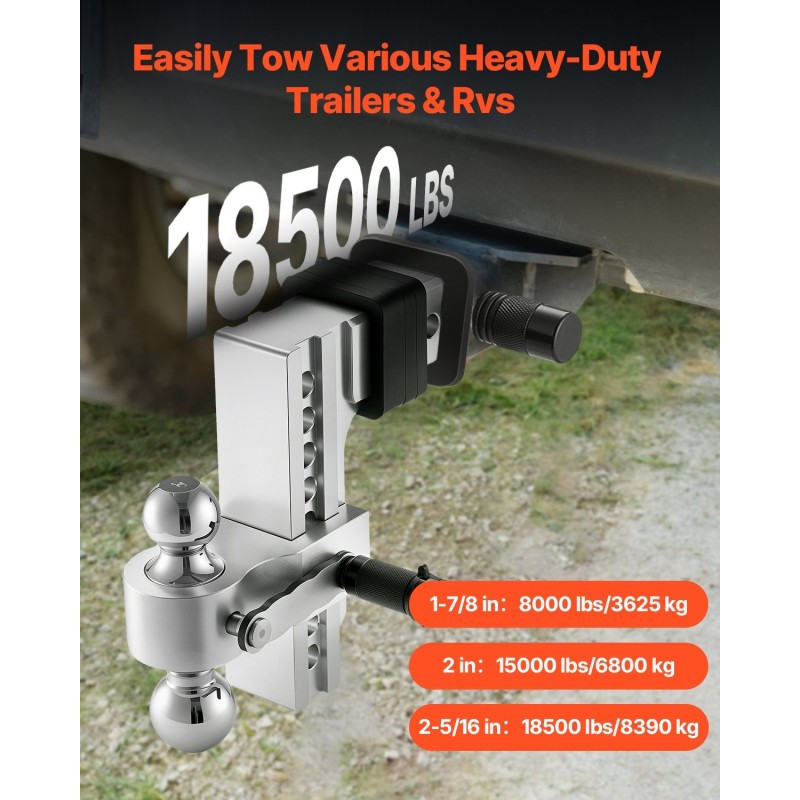 Vetokuulakoukku kolmipalloinen ja säädettävä 2,5 tuuman vastaanottimeen hiiliteräs ja alumiiniseos 8390 kilogrammaa