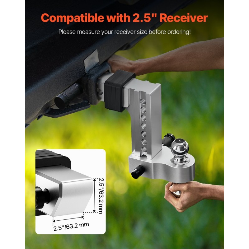 Vetokuulakoukku kolmipalloinen ja säädettävä 2,5 tuuman vastaanottimeen hiiliteräs ja alumiiniseos 8390 kilogrammaa