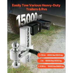 Säädettävä kolmipalloinen vetokuulakiinnike 2 tuuman vastaanottimeen 6800 kg 203 mm pudotus