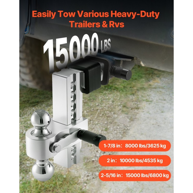 Säädettävä kolmipalloinen vetokuulakiinnike 2 tuuman vastaanottimeen 6800 kg 203 mm pudotus