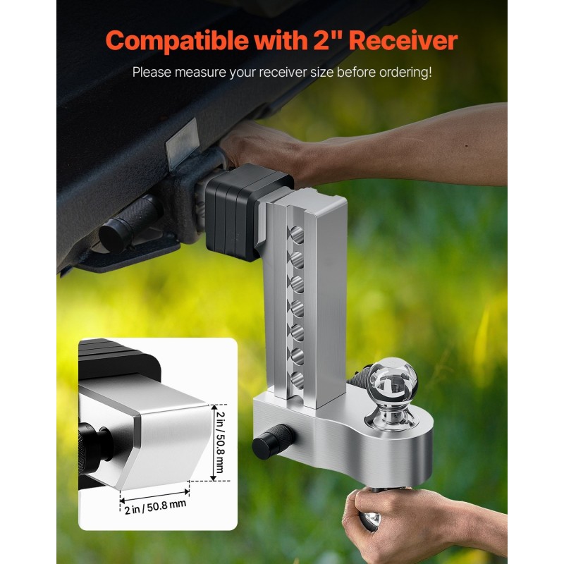 Säädettävä kolmipalloinen vetokuulakiinnike 2 tuuman vastaanottimeen 6800 kg 203 mm pudotus