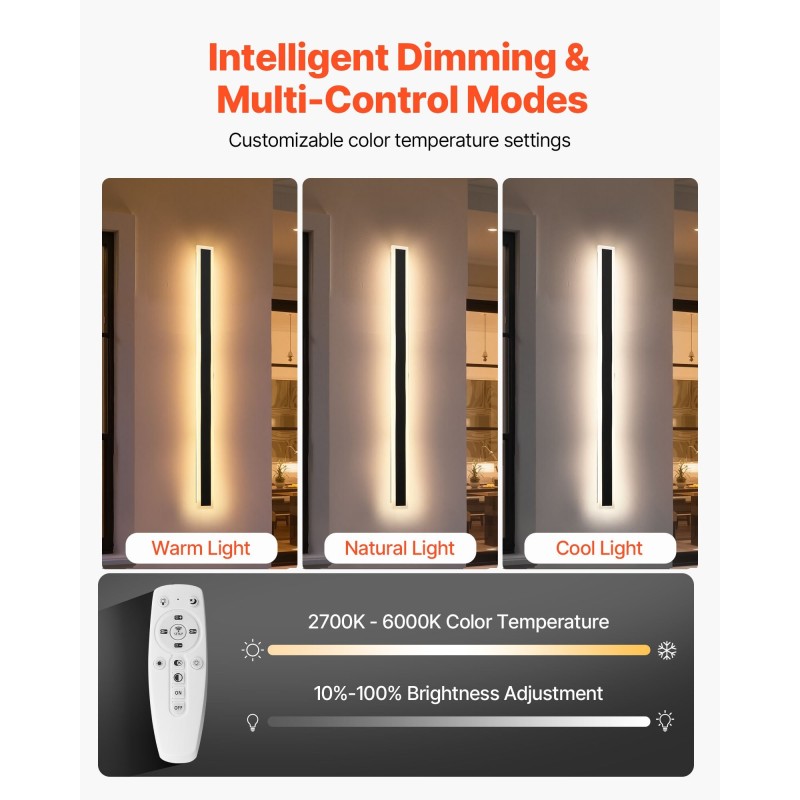 Ulkoseinävalaisin 2 kpl 1000 mm säädettävä 2700–6000K himmennettävä kaukosäätimellä IP65