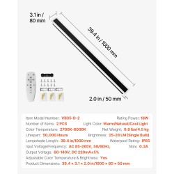 Ulkoseinävalaisin 2 kpl 1000 mm säädettävä 2700–6000K himmennettävä kaukosäätimellä IP65