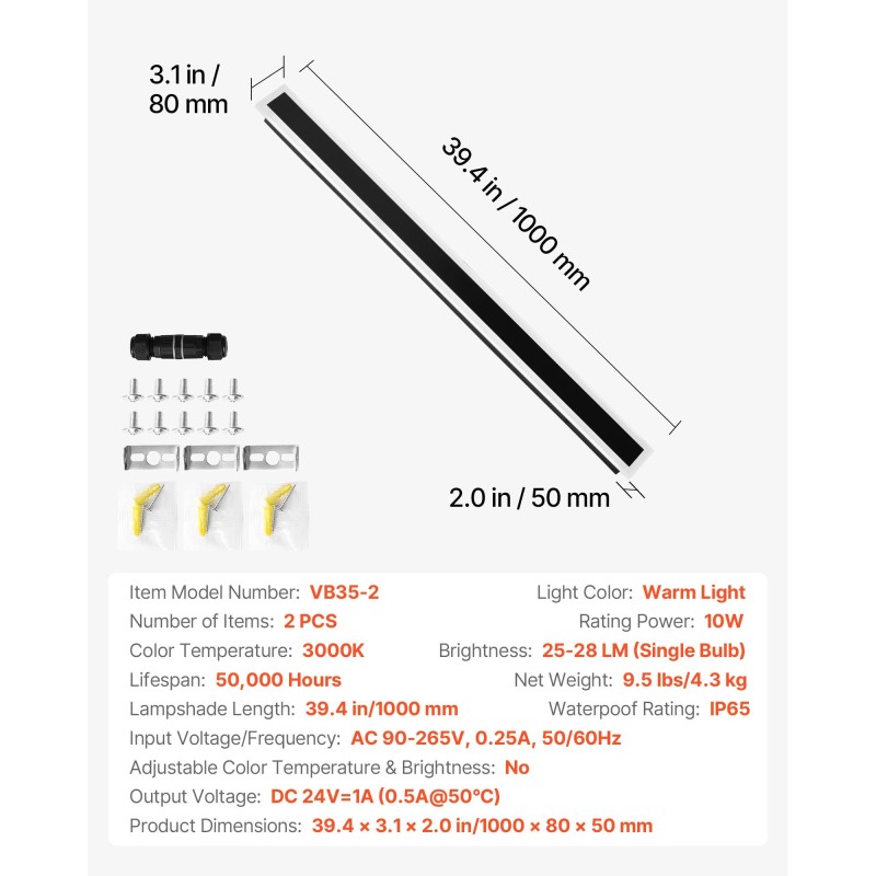 Ulkoseinävalaisin metallirunko 1000 mm 2 kpl LED-nauhat 3000K IP65
