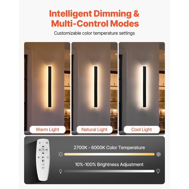 Ulkoseinävalaisimet LED 2 kpl 600 mm ruosteenkestävä IP65 himmennettävä säädettävä 2700–6000K