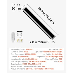 Ulkoseinävalaisimet LED 2 kpl 600 mm ruosteenkestävä IP65 himmennettävä säädettävä 2700–6000K