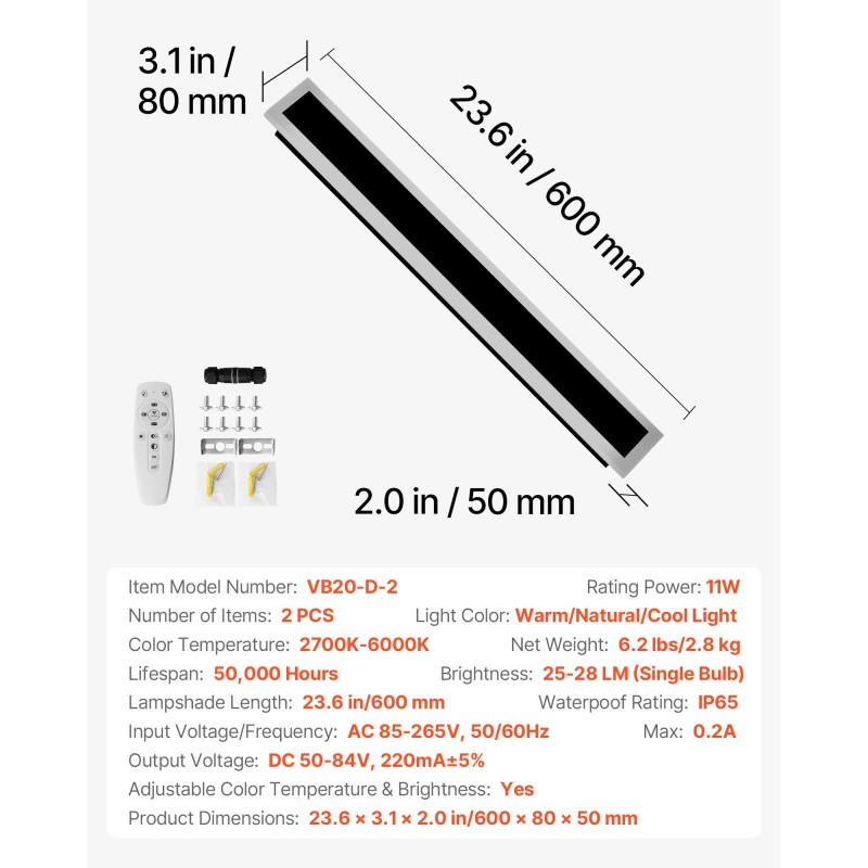 Ulkoseinävalaisimet LED 2 kpl 600 mm ruosteenkestävä IP65 himmennettävä säädettävä 2700–6000K