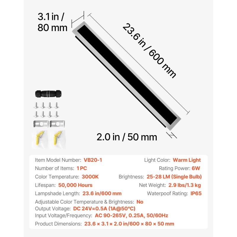 Ulkoseinävalaisin 600 mm metallirunkoinen akryylivarjostin 3000K IP65 LED ulkokäyttöön