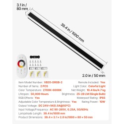 Ulkoseinävalaisin 2 kpl 1000 mm ruostumaton IP65 RGB säädettävä 2700–6000K himmennettävä kaukosäätimellä