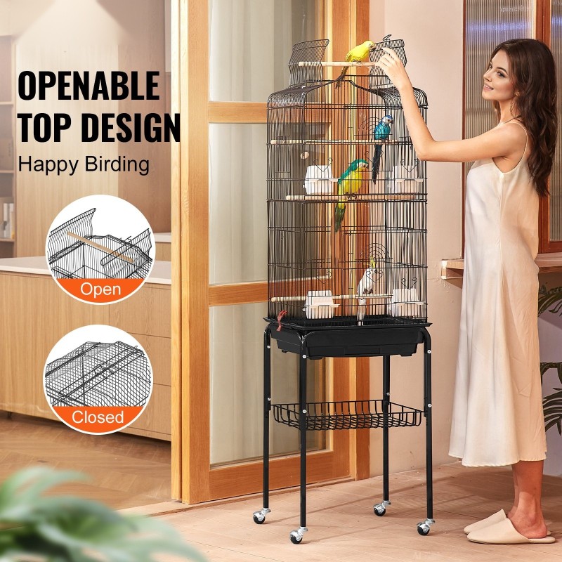 Lintuhäkki tilava pienille ja keskikokoisille linnuille pyörätelineellä irrotettavalla tarjottimella