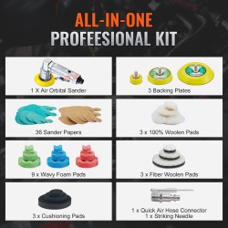 Pienikokoinen paineilma-epäkeskohiomakone alumiini 2,5 5,1 ja 7,6 cm 15000 kierrosta minuutissa 58-osainen