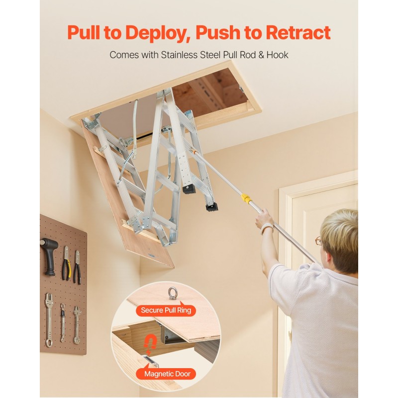 Ullakontikkaat alumiinirunko puuluukku taitettava 170 kg kantavuus säädettävä korkeus 3–3,13 m