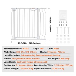 Turvaportti rautarunko ja muovi 749–990mm leveä 762mm korkea valkoinen paine- ja seinäkiinnityssarja