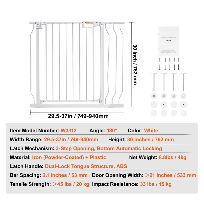 Turvaportti rautarunko ja muovi 749–990mm leveä 762mm korkea valkoinen paine- ja seinäkiinnityssarja