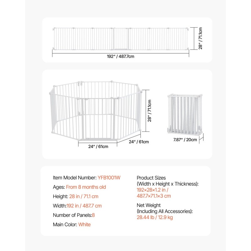 Turvaportti 8 paneelia 487,7 cm leveä 71,1 cm korkea lapsille ja lemmikeille