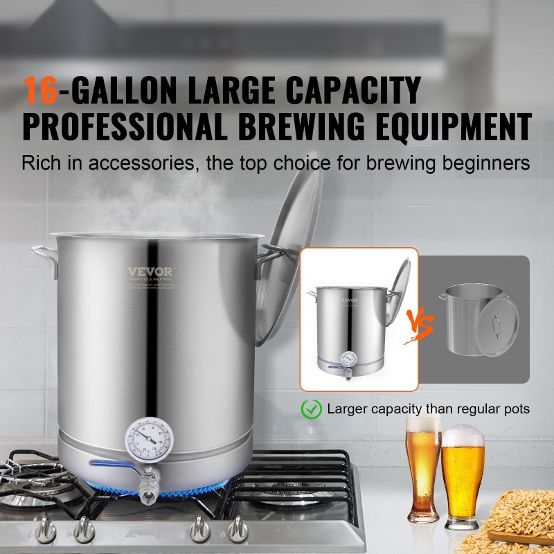 Ruostumattomasta teräksestä valmistettu panemiskattila 60,6 l kolmikerrospohjalla lämpömittarilla palloventtiilillä