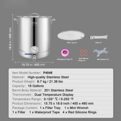 Ruostumattomasta teräksestä valmistettu panemiskattila 60,6 l kolmikerrospohjalla lämpömittarilla palloventtiilillä