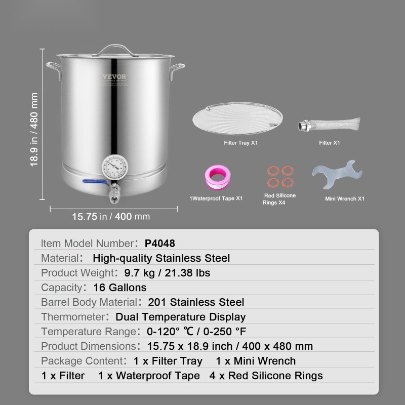 Ruostumattomasta teräksestä valmistettu panemiskattila 60,6 l kolmikerrospohjalla lämpömittarilla palloventtiilillä