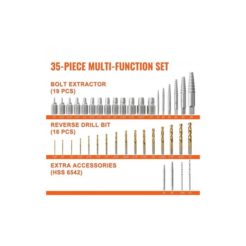 Pultinpoistosarja 35 osaa kromimolybdeeniteräksestä valmistetut ruuvinpoistajat 16 titaanipinnoitettua pikateräs poranterää