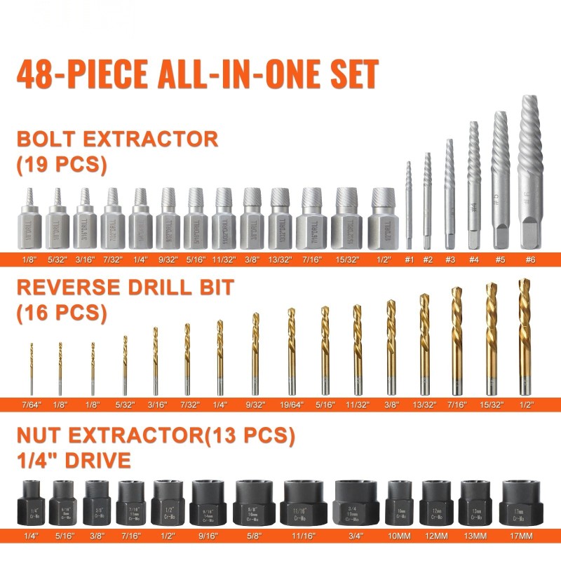 Pultti- ja ruuvinpoistosarja 48-osainen kromi-molybdeeniterästä titaanipinnoitetuilla korkeanopeusteräs-poranterillä