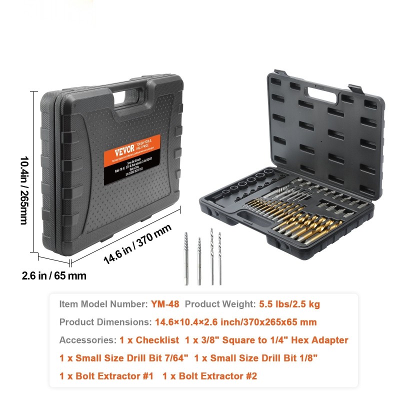 Pultti- ja ruuvinpoistosarja 48-osainen kromi-molybdeeniterästä titaanipinnoitetuilla korkeanopeusteräs-poranterillä