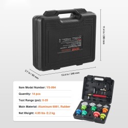 Jäähdyttimen 14-osainen painetesterisarja alumiinikäsipumpulla värikoodatuilla kannilla autoihin moottoripyöriin kuorma-autoihin