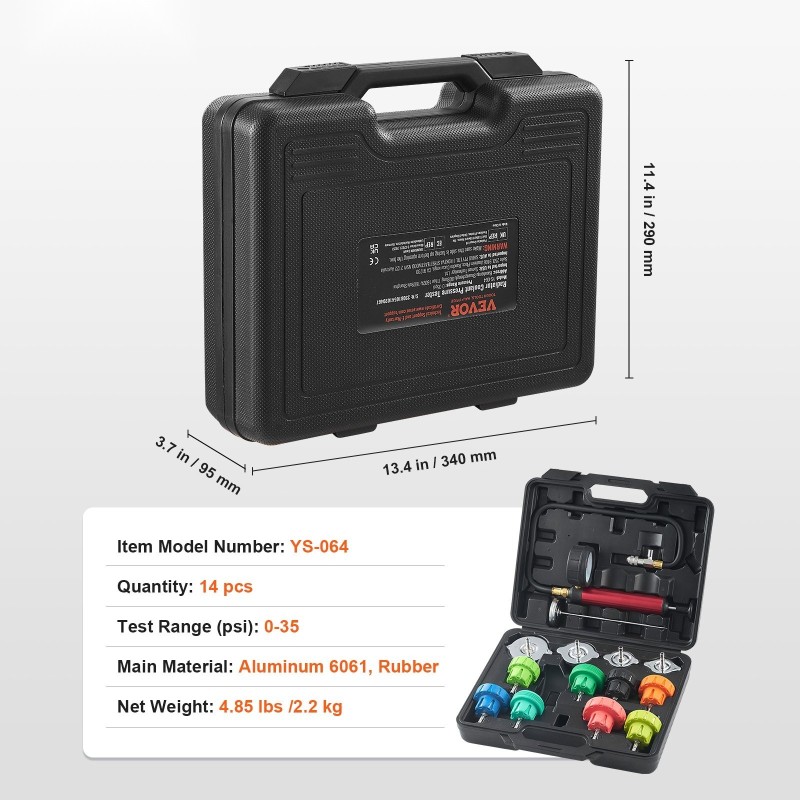 Jäähdyttimen 14-osainen painetesterisarja alumiinikäsipumpulla värikoodatuilla kannilla autoihin moottoripyöriin kuorma-autoihin