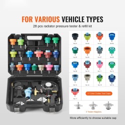 Jäähdyttimen paineentestaus- ja tyhjiötäyttösarja 28-osainen alumiinipumpulla värikoodatuilla sovittimilla autoille