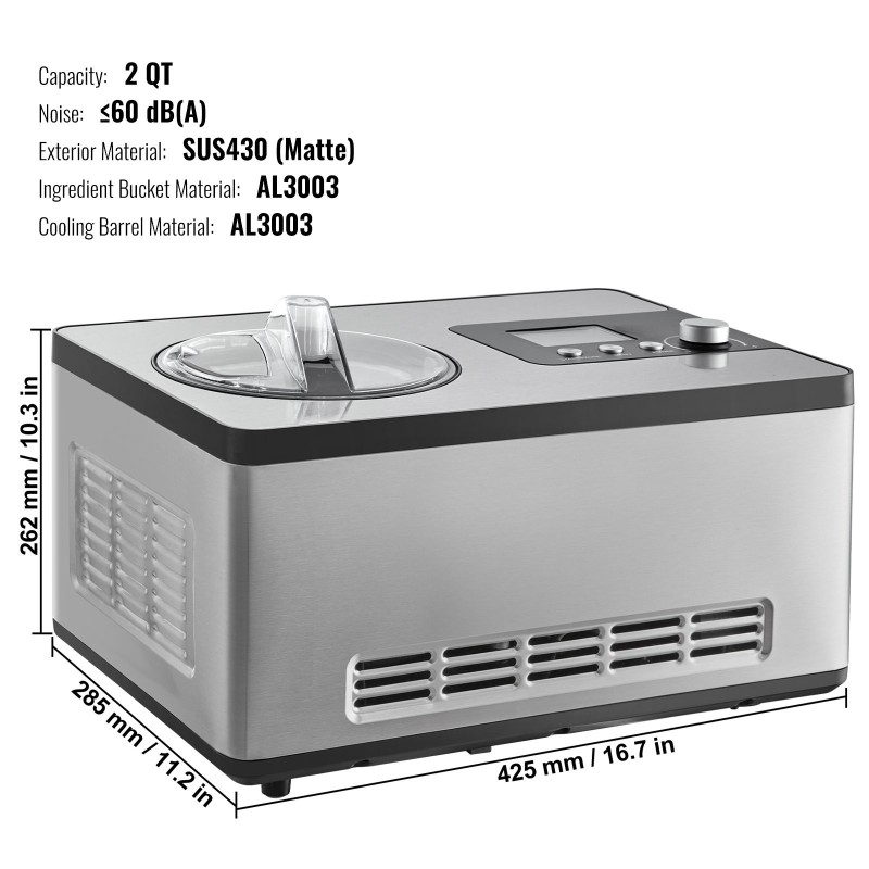 Automaattinen jäätelökone 2,0 l teho 180 wattia alumiininen säiliö ruostumaton teräs