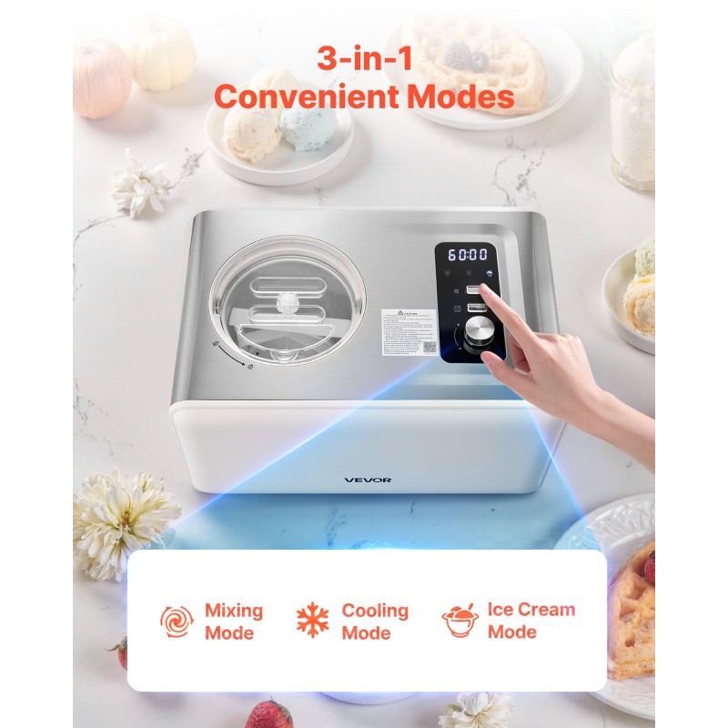 Automaattinen jäätelökone sisäänrakennetulla kompressorilla 2 l 3 toimintatilaa ilman esipakastusta ruostumatonta terästä