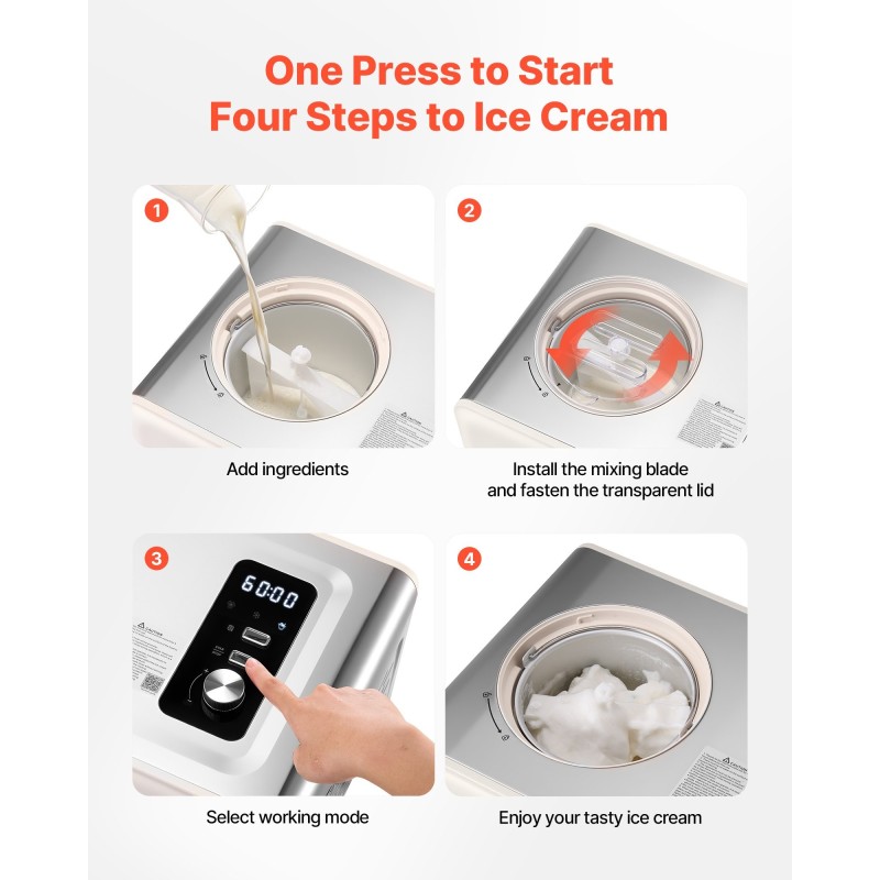 Automaattinen jäätelökone sisäänrakennetulla kompressorilla 2 l 3 toimintatilaa ilman esipakastusta ruostumatonta terästä