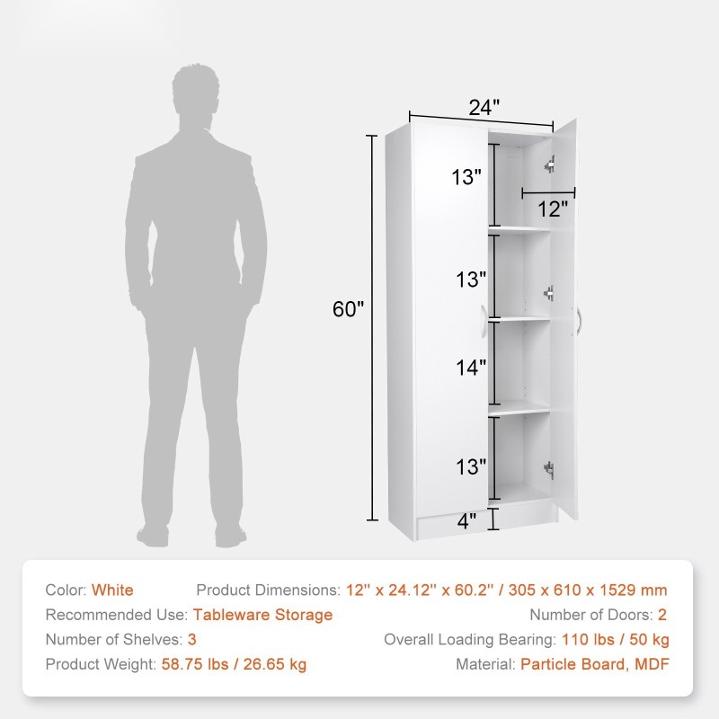 Korkea keittiökaappi lastulevy MDF 1529 mm 2-ovinen 3 hyllyä 2 säädettävää valkoinen